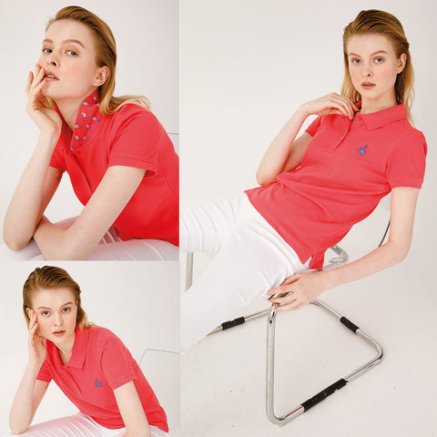 Anemoss Seagull Pattern Women's Polo Neck T-Shirt, Pink, S