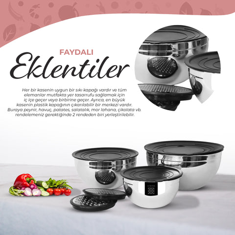 Serenk Modernist 9 Pieces Stainless Steel Mixing and Storage Bowl Set with Grater