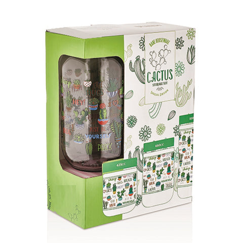 Keep London Life Healthy Glassware Series Beautiful Green Cactus Lid 3 Piece 425cc-660cc-1000cc Healthy Glass Jar Set