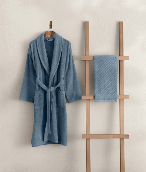Koza Home Likya 100% Cotton Blue Dowry Bathrobe Set of 2 1 Bathrobe 1 Towel 1051A L-XL