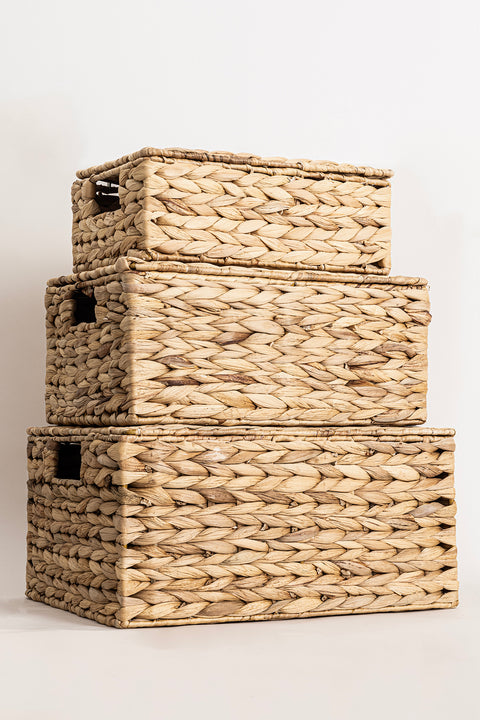 Koza Home Meander Water Hyacinth Rectangular Lidded Basket Set of 3 5111 Single