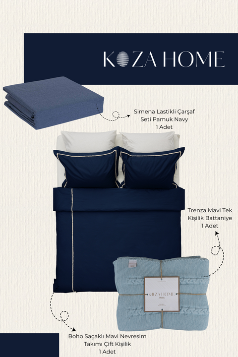 Koza Home Dowry Set Navy Blue Mini, Bedroom Set, Double Duvet Cover Set, Sheet Set and Blanket