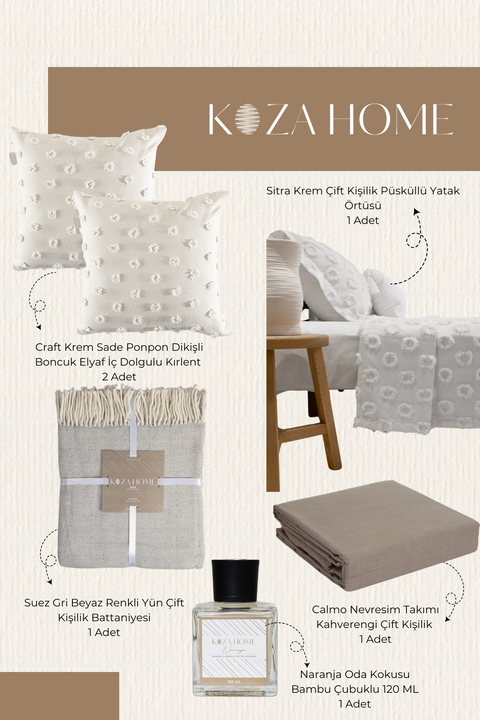 Koza Home Dowry Set Cream Midi, Bedroom, Bedspread, Duvet Cover Set, Blanket, 2 Cushions, Room Fragrance