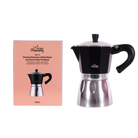 Any Morning Stovetop Espresso Aluminum Moka Pot, Black, 240 ml - 8 oz