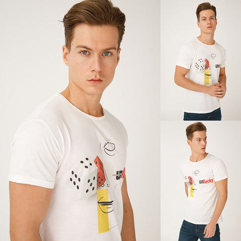 Biggdesign Faces Lucky Mens Crew Neck T-Shirt