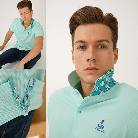 Anemoss Green Sailboat Men's Polo Collar T-Shirt, S