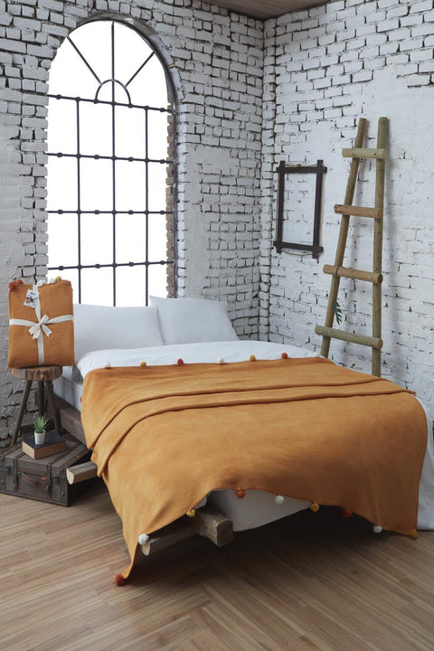 Dolce Bonita Home Double Pom Pom Pique Blanket 200x200, Mustard