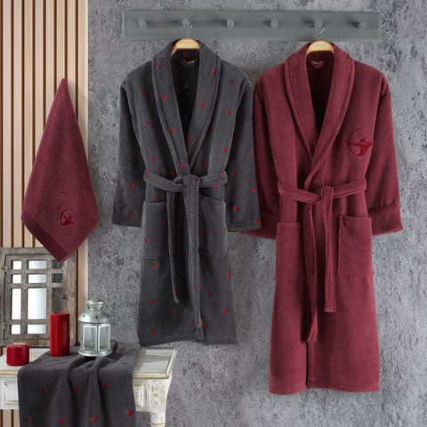 Hobby Lubow Love - Cotton Bathrobe Set - Dark Gray -Fushia