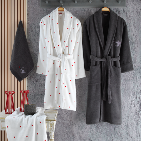 Hobby Lubow Love - Cotton Bathrobe Set White -Dark Gray