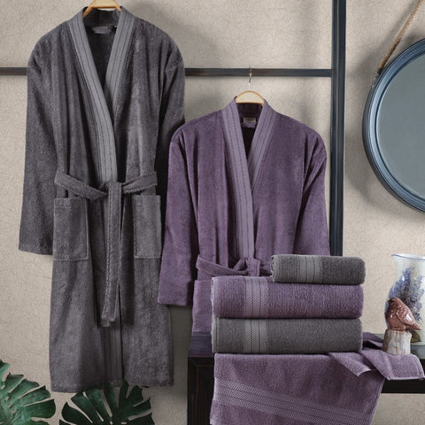 Hobby Sera - Cotton Bathrobe Set - Mulberry & Dark Gray