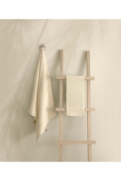 Koza Home Likya 100% Cotton Jacquard Border Cream 2-Piece Dowry Towel Set Cross Striped 1018A 70 x 140 - 50 x 90
