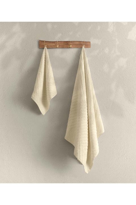 Koza Home Likya 100% Cotton Jacquard Border Cream 2-Piece Dowry Towel Set Herringbone 1029A 70 x 140 - 50 x 90