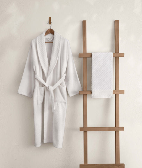 Koza Home Likya 100% Cotton White Dowry Bathrobe Set of 2 1 Bathrobe 1 Towel 1054A SM
