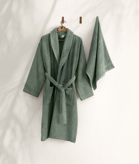 Koza Home Likya 100% Cotton Green Dowry Bathrobe Set of 2 1 Bathrobe 1 Towel 1050A L-XL
