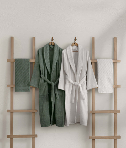 Koza Home Likya 100% Cotton Green-White 4-Piece Dowry Family Bathrobe and Towel Set 2 Bathrobes 2 Towels 1060A Standard