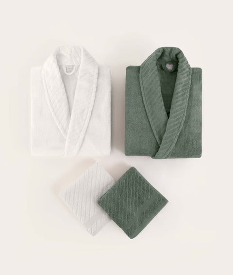 Koza Home Likya 100% Cotton Green-White 4-Piece Dowry Family Bathrobe and Towel Set 2 Bathrobes 2 Towels 1060A Standard