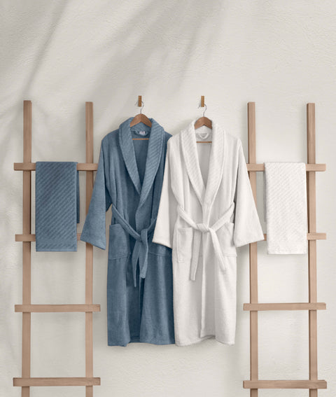 Koza Home Likya 100% Cotton Blue-White 4-Piece Dowry Family Bathrobe and Towel Set 2 Bathrobes 2 Towels 1061A Standard