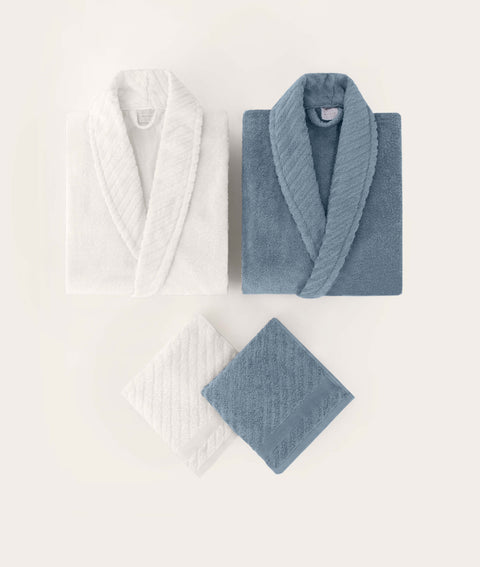 Koza Home Likya 100% Cotton Blue-White 4-Piece Dowry Family Bathrobe and Towel Set 2 Bathrobes 2 Towels 1061A Standard