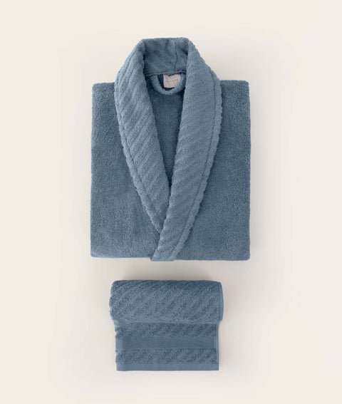 Koza Home Likya 100% Cotton Blue-White 4-Piece Dowry Family Bathrobe and Towel Set 2 Bathrobes 2 Towels 1061A Standard