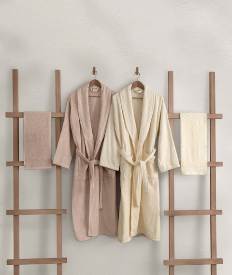 Koza Home Likya 100% Cotton Salmon-Cream 4-Piece Dowry Family Bathrobe and Towel Set 2 Bathrobes 2 Towels 1062A Standard