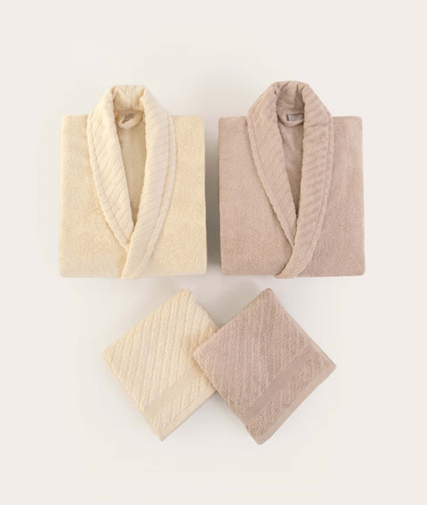 Koza Home Likya 100% Cotton Salmon-Cream 4-Piece Dowry Family Bathrobe and Towel Set 2 Bathrobes 2 Towels 1062A Standard