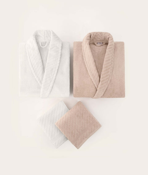 Koza Home Likya 100% Cotton Salmon-White 4-Piece Dowry Family Bathrobe Set and Towel Set 2 Bathrobes 2 Towels 1063A Standard