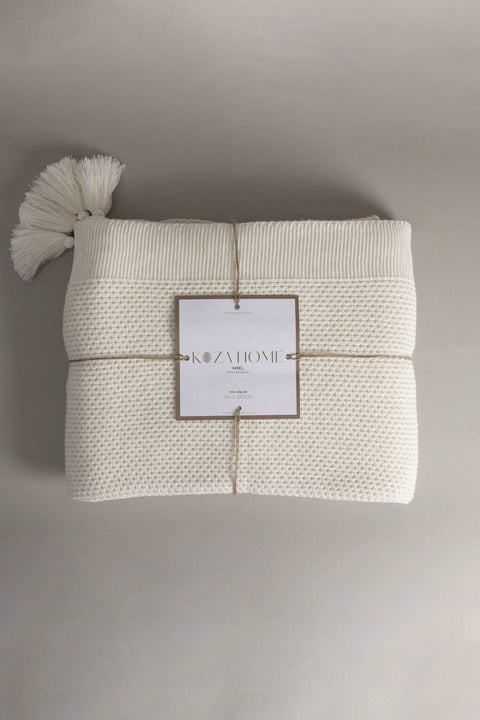 Koza Home Miel Cream Single Blanket with Pom Pom Edge 160 x 220 37101 Single