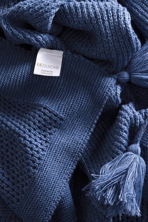 Koza Home Miel Indigo Edge Pompom Double Blanket 200x220 37115 Double