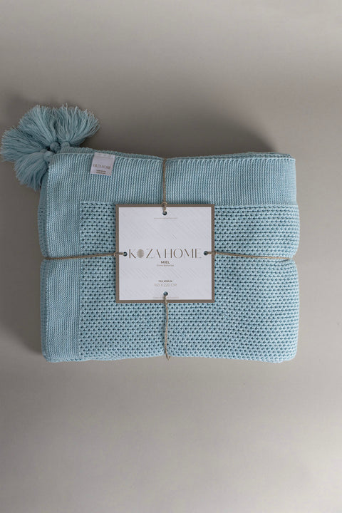 Koza Home Miel Blue Edge Pom Pom Single Blanket 160x220 37121 Single