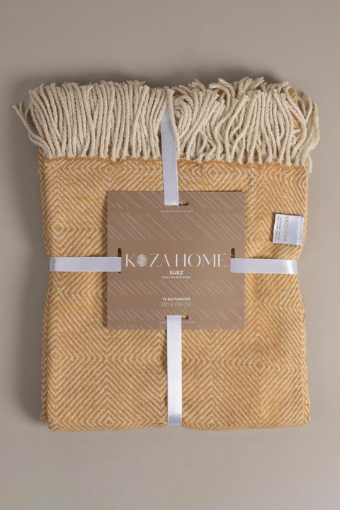 Koza Home Suez Mustard White Color Wool Tv Blanket 91250 130x170 cm Single