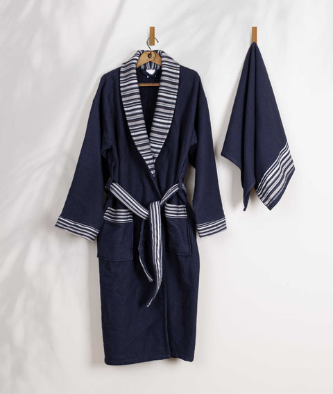 Koza Home Limira Set of 2 Navy Blue Cotton 1 Bathrobe L-XL 1 Dowry Towel 50x90 2236 L-XL