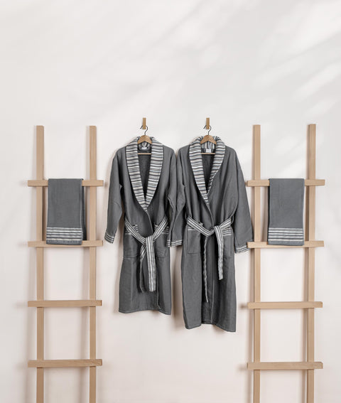 Koza Home Limira Set of 4 Anthracite Cotton 2 Bathrobes (1 SM)-(1 L-XL) 2 Dowry Towels 50x90 2239 SML-XL