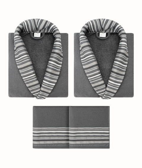 Koza Home Limira Set of 4 Anthracite Cotton 2 Bathrobes (1 SM)-(1 L-XL) 2 Dowry Towels 50x90 2239 SML-XL