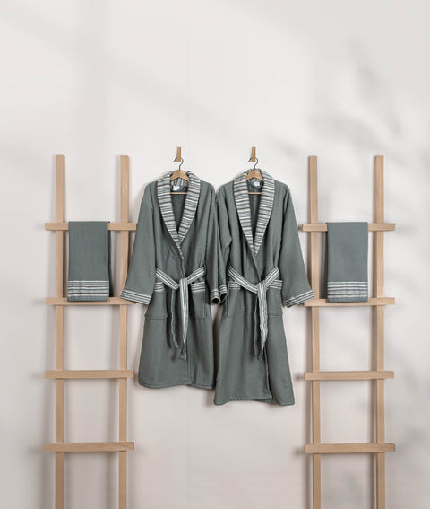 Koza Home Limira Set of 4 Green Cotton 2 Bathrobes (1 SM)-(1 L-XL) 2 Dowry Towels 50x90 2240 SML-XL