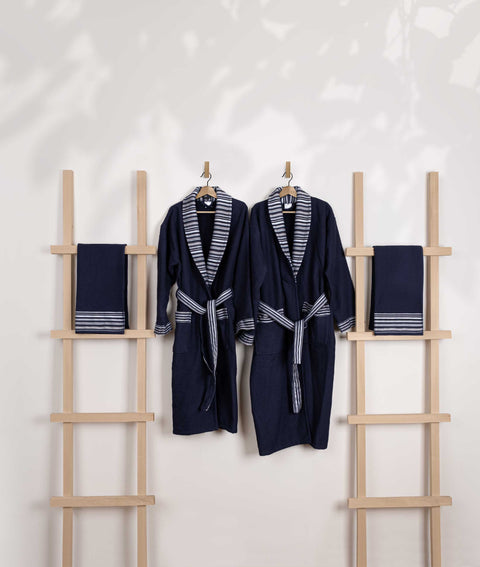 Koza Home Limira Set of 4 Navy Blue Cotton 2 Bathrobes (1 SM)-(1 L-XL) 2 Dowry Towels 50x90 2241 SML-XL
