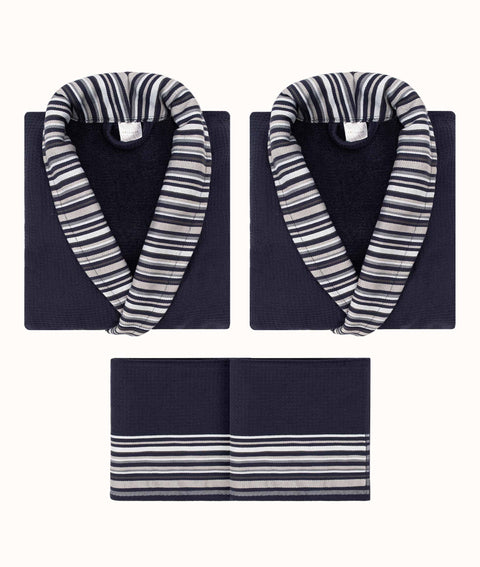 Koza Home Limira Set of 4 Navy Blue Cotton 2 Bathrobes (1 SM)-(1 L-XL) 2 Dowry Towels 50x90 2241 SML-XL