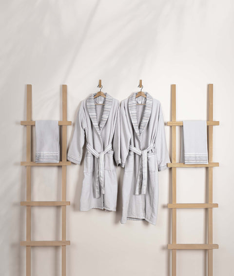 Koza Home Limira Set of 4 Gray Cotton 2 Bathrobes (1 SM)-(1 L-XL) 2 Dowry Towels 50x90 2242 SML-XL