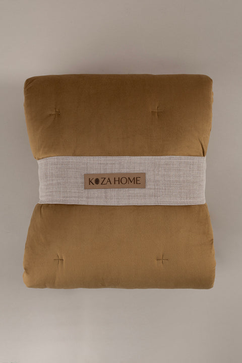 Koza Home Elite Mustard Velvet Double Bedspread 230x250 2 Pillow 50x70 5022 230 x 250