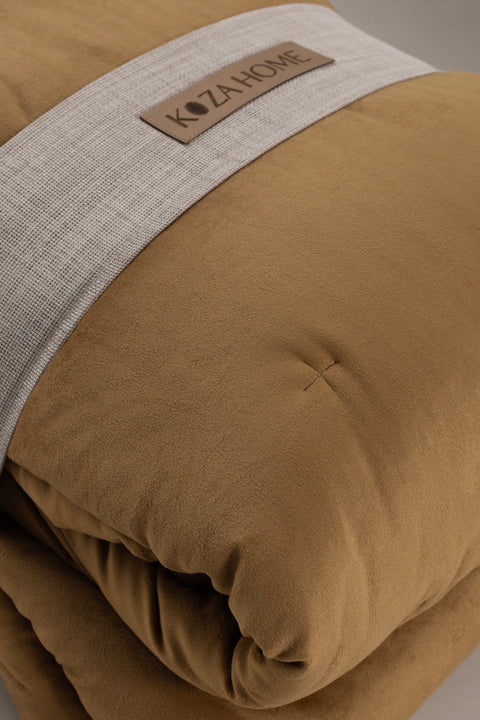 Koza Home Elite Mustard Velvet Double Bedspread 230x250 2 Pillow 50x70 5022 230 x 250