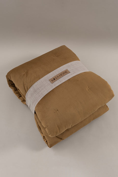 Koza Home Elite Mustard Velvet Double Bedspread 230x250 2 Pillow 50x70 5022 230 x 250