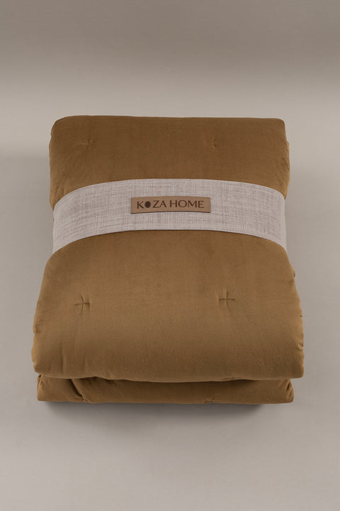 Koza Home Elite Mustard Velvet Double Bedspread 230x250 2 Pillow 50x70 5022 230 x 250