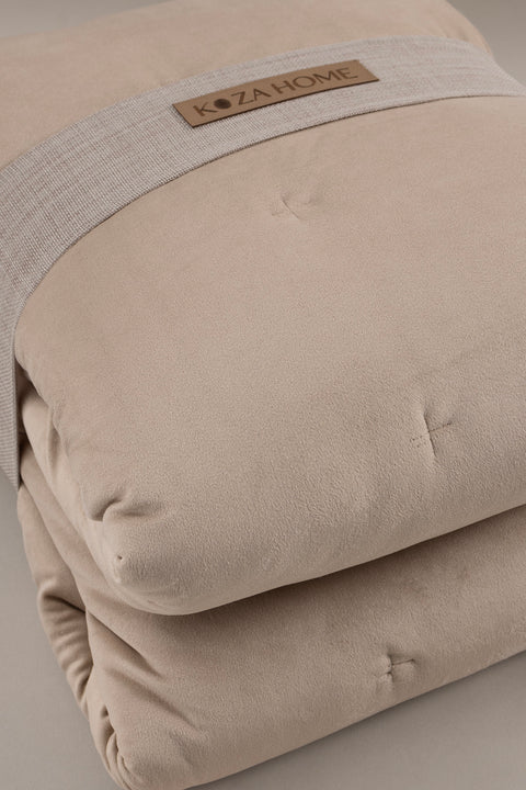 Koza Home Elite Beige Velvet Double Bedspread 230x250 2 Pillow 50x70 5023 230 x 250