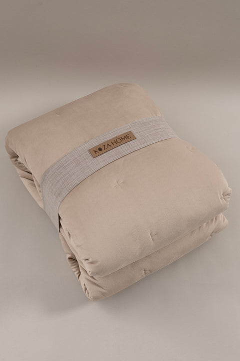 Koza Home Elite Beige Velvet Double Bedspread 230x250 2 Pillow 50x70 5023 230 x 250