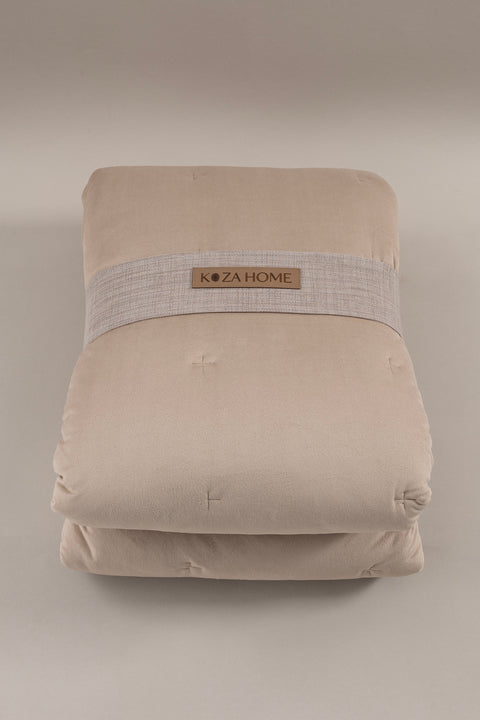 Koza Home Elite Beige Velvet Double Bedspread 230x250 2 Pillow 50x70 5023 230 x 250