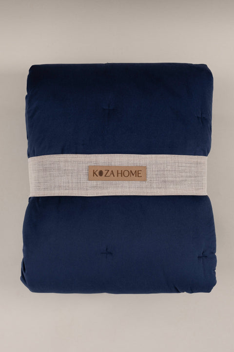 Koza Home Elite Navy Blue Velvet Double Bedspread 230x250 2 Pillow 50x70 5024 230 x 250