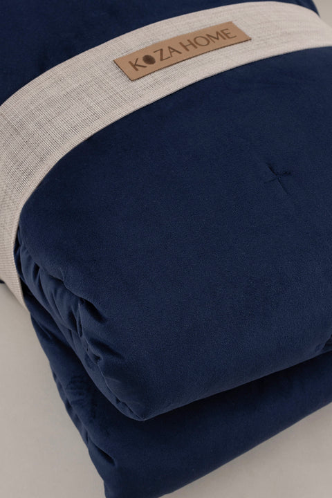Koza Home Elite Navy Blue Velvet Double Bedspread 230x250 2 Pillow 50x70 5024 230 x 250