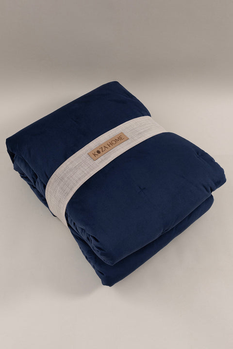 Koza Home Elite Navy Blue Velvet Double Bedspread 230x250 2 Pillow 50x70 5024 230 x 250