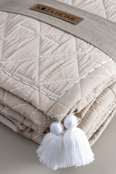 Koza Home Stella Beige Double Bedspread with Diamond Pattern 230x250 2 Pillow 50x70 5029 230 x 250