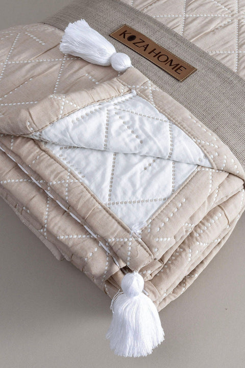 Koza Home Stella Beige Double Bedspread with Diamond Pattern 230x250 2 Pillow 50x70 5029 230 x 250