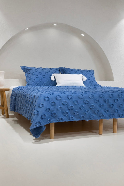 Koza Home Sitra Navy Blue Double Tasseled Bedspread 230x250 2 Pillow 50x70 5034 230 x 250